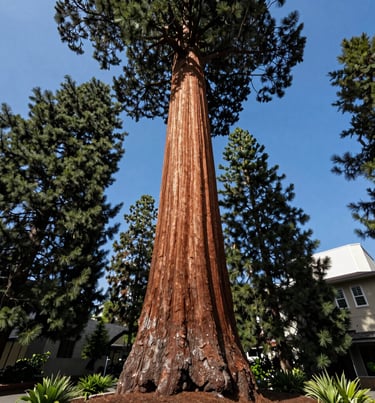 Low angle drone shot looking up the massive trunk of a sequoia tree in an urban garden in Eugene, Oregon. The reddish-brown bark contrasts with the slate blue sky and dark green foliage.