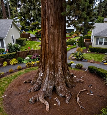 Drone shot of the base of a giant sequoia in a residential garden, showing the massive root flare and thick bark. North American Pacific Northwest landscape, Eugene, Oregon. Professional lighting.