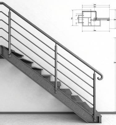 A wide shot of a modern architectural studio, featuring technical drawings on a large desk and a customized metal partition in the background. Soft natural light, professional and clean environment.