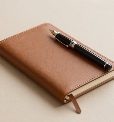 A minimalist studio shot of a fountain pen and a leather-bound notebook on a #D4C1A5 beige surface, symbolizing the start of new collaborations.