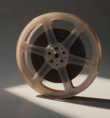 An abstract image showing light filtering through a film reel, casting elegant shadows in #1A1C20 and #A88B57, representing creative potential.