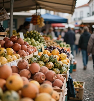 Authentic photography of a local Portuguese market, vibrant terracotta fruits, sand colored stalls, cinematic lighting, lively atmosphere.