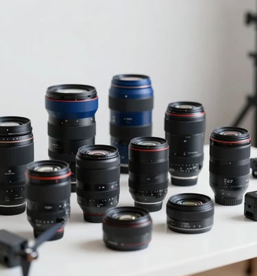 A sleek studio setup showcasing an array of premium camera lenses and drone equipment neatly arranged on a table. Highly professional mood. Incorporating #1B263B, #415A77, #A0B0C0, #E0E1DD.