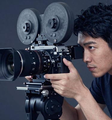 A focused cinematographer looking through the viewfinder of a heavy-duty film camera in a dark studio. Sophisticated, cinematic mood. Incorporating #1B263B, #415A77, #A0B0C0, #E0E1DD.