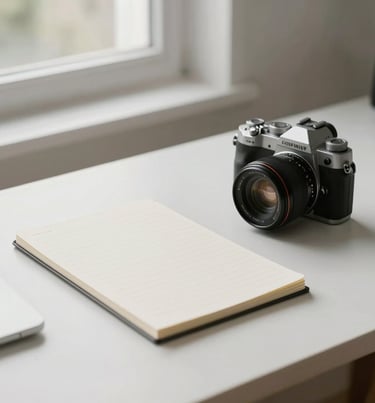 Minimalist shot of a designer's desk with a notepad and a high-end camera, soft natural light through a window, off-white and light gray color palette.