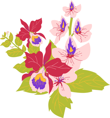 stylized orchids with green leaves and 7 pink, purple, and red blooms