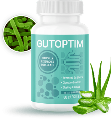 GutOptim synbiotic supplement bottle for digestive comfort with aloe vera and probiotic bacteria.