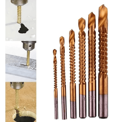 Six golden HSS titanium saw drill bits for woodworking, metal, and plastic cutting.