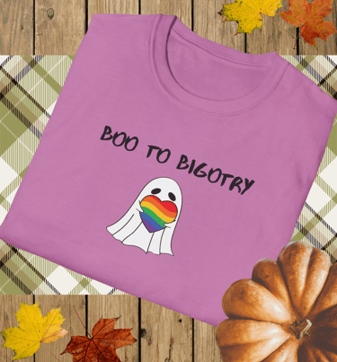 Boo to Bigotry Halloween pride graphic t-shirt with rainbow heart – inclusive fall fashion