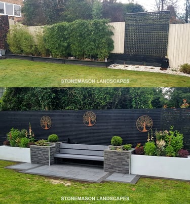 Ultra Modern Chic Dynamic Raised Split Face Planters Porcelain Patio & Bench Before & After