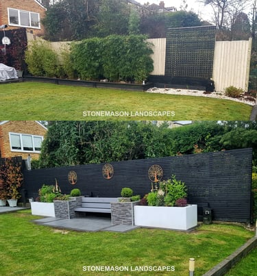 Ultra Modern Chic Dynamic Raised Split Face Planters Porcelain Patio & Bench Before & After