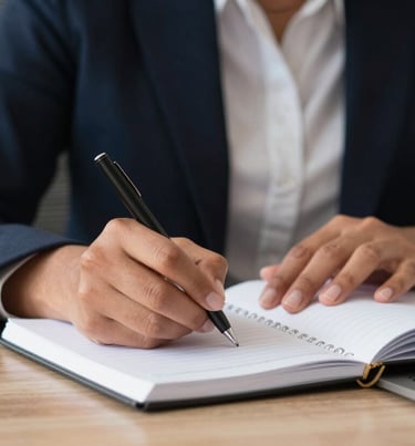 A close-up of a professional woman in a South American / Brazilian office environment, focusing on her hands as she writes in a notebook, soft professional lighting.