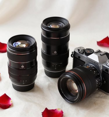 A flat lay of high-end photography lenses and a classic film camera on an off-white silk surface, surrounded by rose petals, reflecting a luxury brand image.