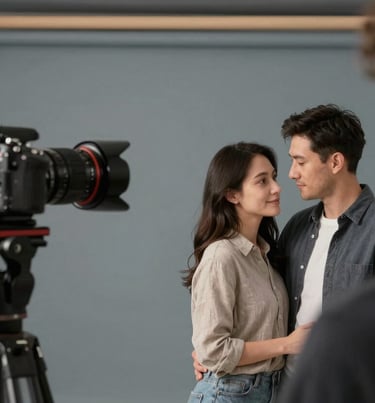 An over-the-shoulder shot of a professional photographer capturing a quiet moment between a couple, high-end camera equipment, sophisticated studio environment, warm grey and slate blue tones.