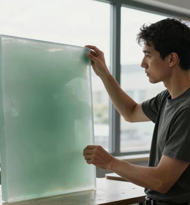 A professional artist in an International / Global studio environment, carefully inspecting a translucent Sage Green resin panel against a large window.
