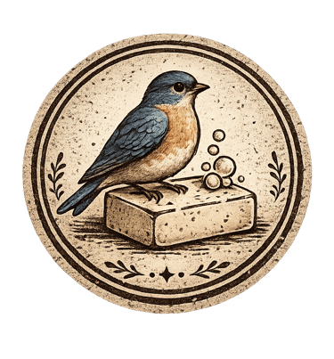 Vintage style illustration of a bluebird perched on a bar of natural soap with bubbles in a circular frame.
