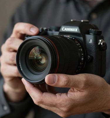 Close up photography of hands carefully adjusting a camera lens, soft focus, dark charcoal and deep brown tones, professional and introspective mood.