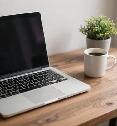 A tidy workspace with a laptop, a coffee mug, and a small plant, soft natural light, brownish grey and off-white color palette.