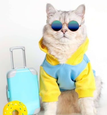 Gato blanco y esponjoso con una sudadera amarilla y gafas de sol junto a una maleta de viaje azul.