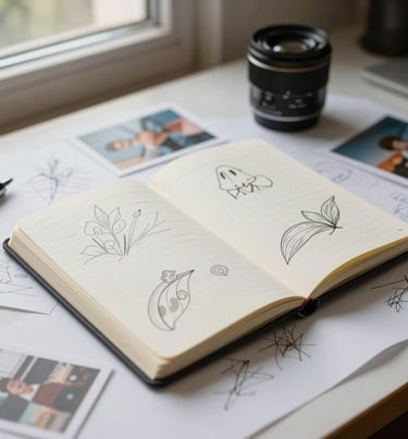 An open notebook on a table filled with sketches and small photographs, soft natural light from a window, creating a warm and personal feel.