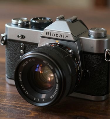 Close-up of an analog film camera on a dark wood surface, warm cinematic light highlighting its metallic details, storytelling atmosphere.