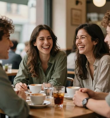 A candid shot of laughter shared between friends in an old European cafe. The lighting is warm and natural, capturing emotional depth and presence. The palette features #6F604F and #C4B29A.