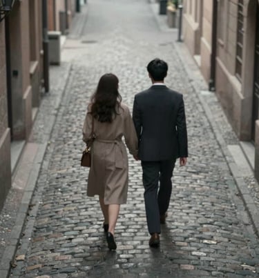 A high-angle shot of a couple walking away down a narrow cobblestone alleyway. The perspective is intimate and timeless, capturing the feeling of a memory preserved forever. Palette: #6F604F and #262626.
