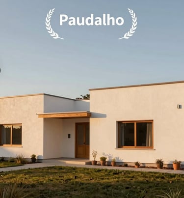 Exterior shot of a low impact residence in Paudalho, integration with the natural landscape, soft off-white walls, sustainable materials, sunset light.