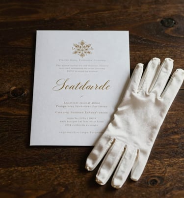 Macro photography of an elegant wedding invitation and a pair of silk gloves on a dark wooden table, capturing the essence of premium event planning in Southern Europe.