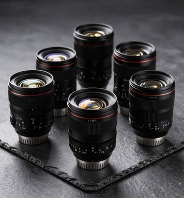 A collection of high-end photography lenses arranged on a dark slate grey surface, reflecting the professional and premium nature of the studio.