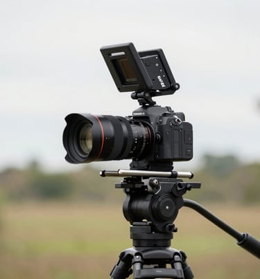 A high-end professional camera setup on a tripod during a film shoot in a South American / Brazilian location, cinematic Pearl White lighting.