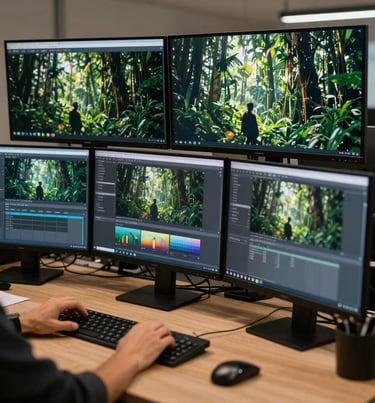 An editor's workspace with multiple monitors showing cinematic footage of Brazil, in a professional and moody Deep Forest Green setting.