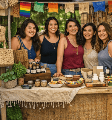 Emprendedoras Mexicanas venden artesanías hechas a mano y productos artesanales locales en un puesto
