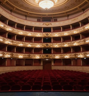 An empty grand opera house with red velvet seats and gold leafing, seen from the stage. Deep shadows in #2B2D42 and warm highlights in #F5F0EC.