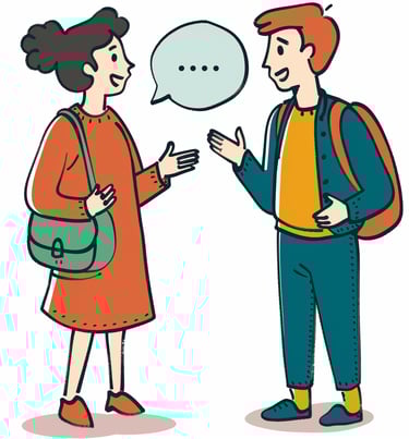 eine Illustration von zwei Cartoon-Figuren, die freundlich miteinander reden