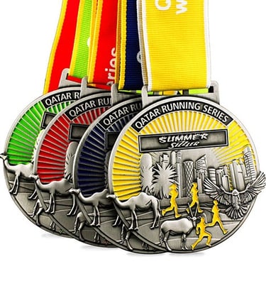 Custom personalized sporting medals for Marathon running race event.