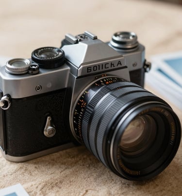 Close-up of a vintage film camera sitting on a tan linen surface next to a stack of printed photos. Soft, airy light. North American / US.