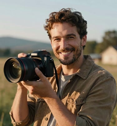 A warm, friendly portrait of a lifestyle photographer in a North American / US outdoor setting, sun-drenched with cinematic lighting.