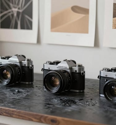A photographer's workspace in a North American / US studio, vintage cameras, charcoal desk, and soft sand colored prints on the wall.