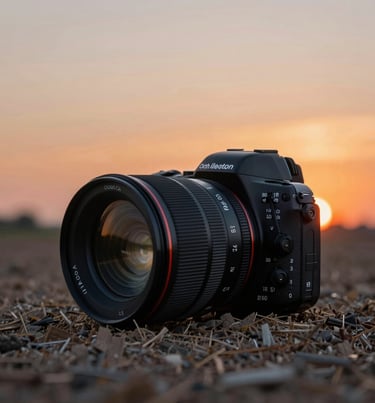 A blurred background image of a North American sunset over a field, creating a warm Charcoal and Terracotta atmosphere.