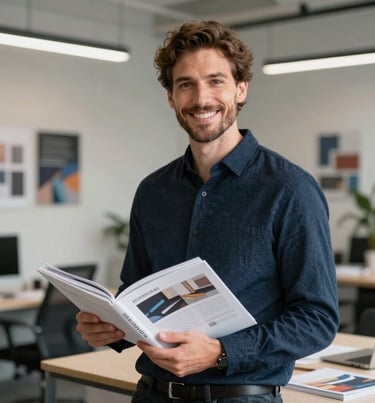 A professional graphic designer in a modern International / Western studio smiling confidently while holding a printed portfolio book, elegant Dark Slate Blue attire.