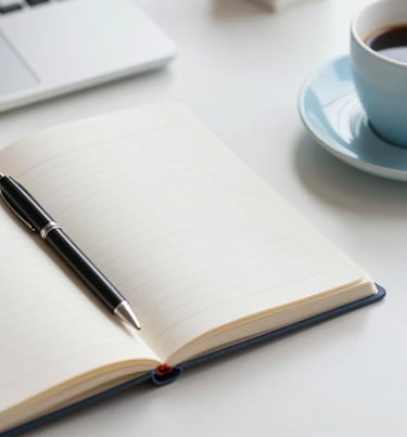 Photograph of a clean graphic designer workspace with an open notebook, sleek pen, and a cup of coffee, soft Light Steel Blue and Off-white aesthetic.