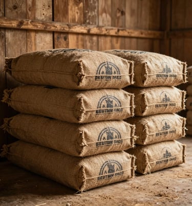 Photography of several burlap coffee bags stacked in a rustic wooden warehouse in South America. The bags have traditional stamps in dark ink. Warm, dusty atmosphere with golden light.