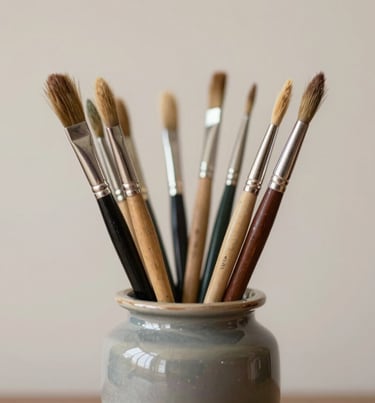 A collection of paintbrushes neatly arranged in a #1A1A1A ceramic jar, soft light hitting the bristles, #C8C0B2 wall background.