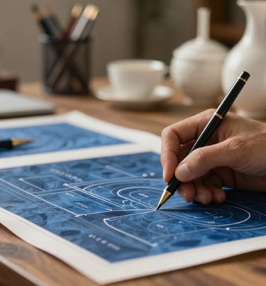 A blurred artistic shot of a designer working at a desk with indigo blue blueprints and ivory ceramics in a high-end East Asian / South Asian influenced for a global luxury audience studio.