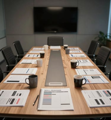 A sleek, professional conference room in a US film studio. A large table is covered with production schedules and coffee mugs, captured in a cinematic, low-light photography style.