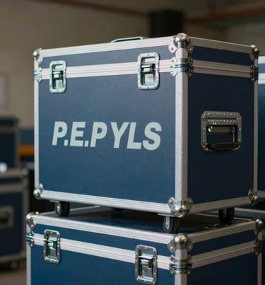 A stack of professional flight cases for concert equipment, with P.E.P YLS stenciled on the side in #F5F5EB.