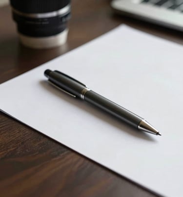 Minimalist desk detail with a sleek charcoal pen and white paper, reflecting a professional North American designer's touch.