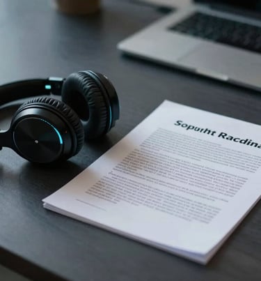 A designer's desk with a pair of headphones and a script, in a modern South American / Colombian office at night. Dark charcoal and neon cyan tones.