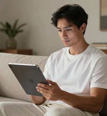 A lifestyle shot of a man holding a sleek tablet in a modern living room, wearing ghost white casual wear, South American interior design, soft cinematic lighting, professional atmosphere.